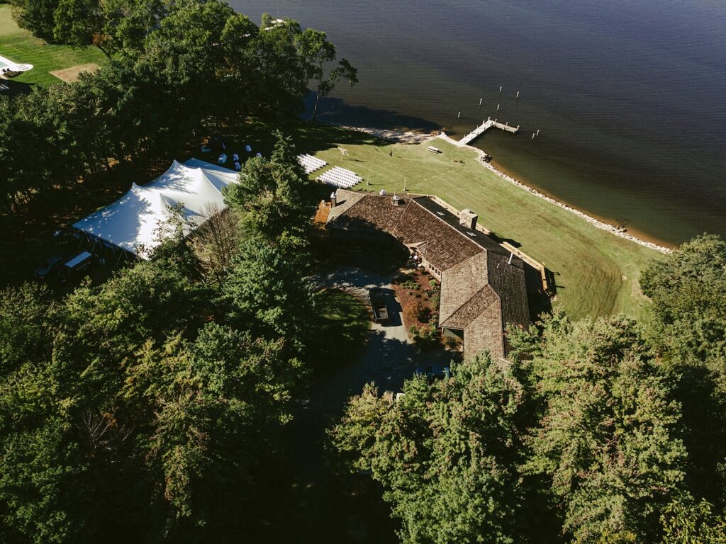 aerial view of the property with the tent